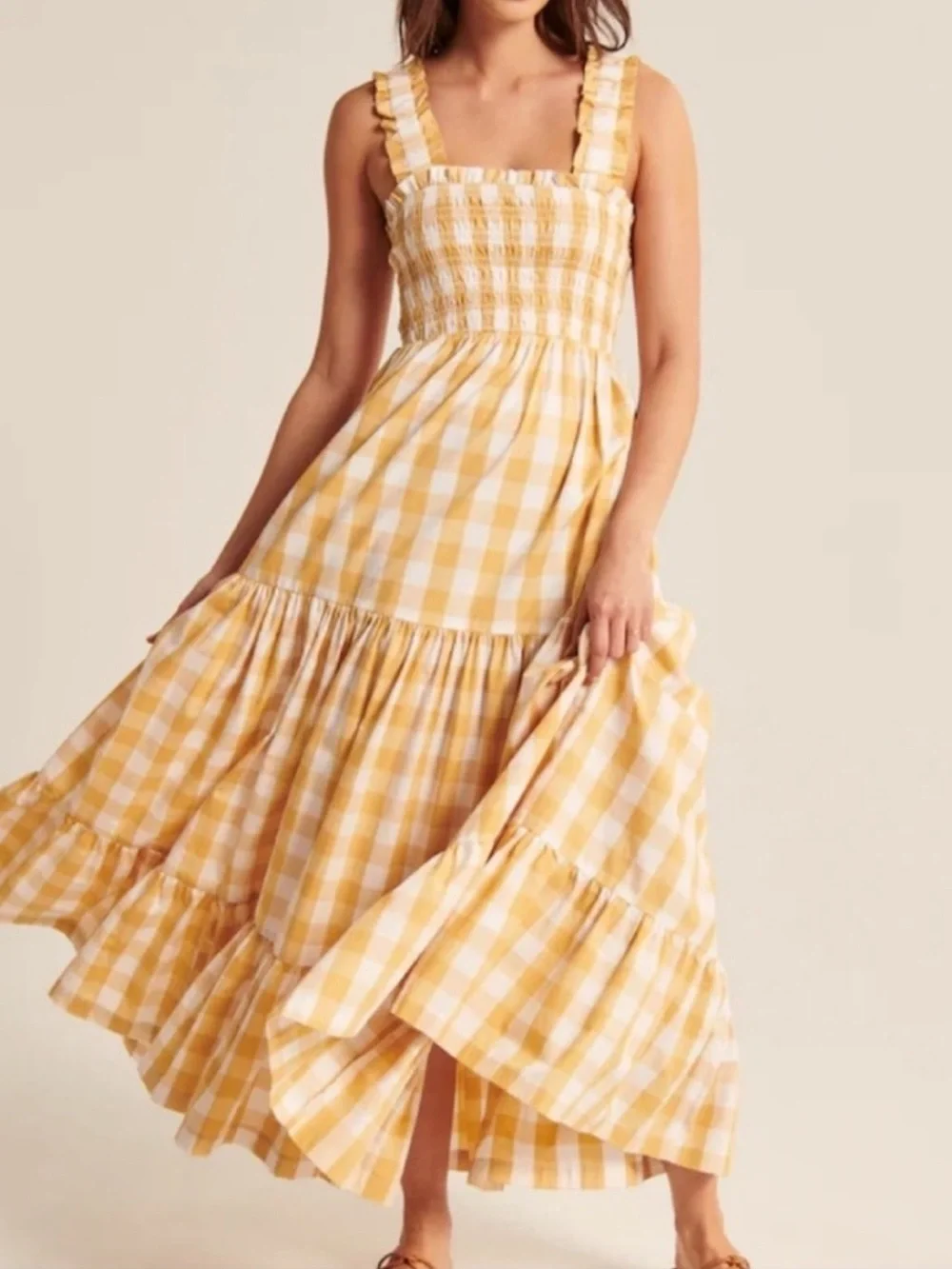 Abercrombie & Fitch Yellow Gingham Smocked Maxi Dress S - Picture 1 of 16